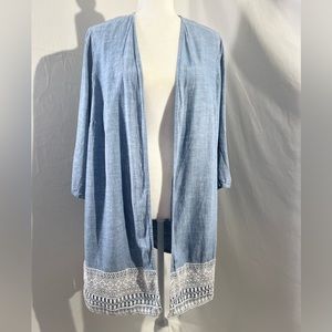 Catherines Chambray Lace Linen Open Front Topper  Size 0X NWOT